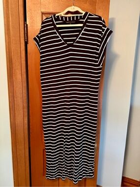 White House Black Market Black and White Striped V-Neck Maxi Dress